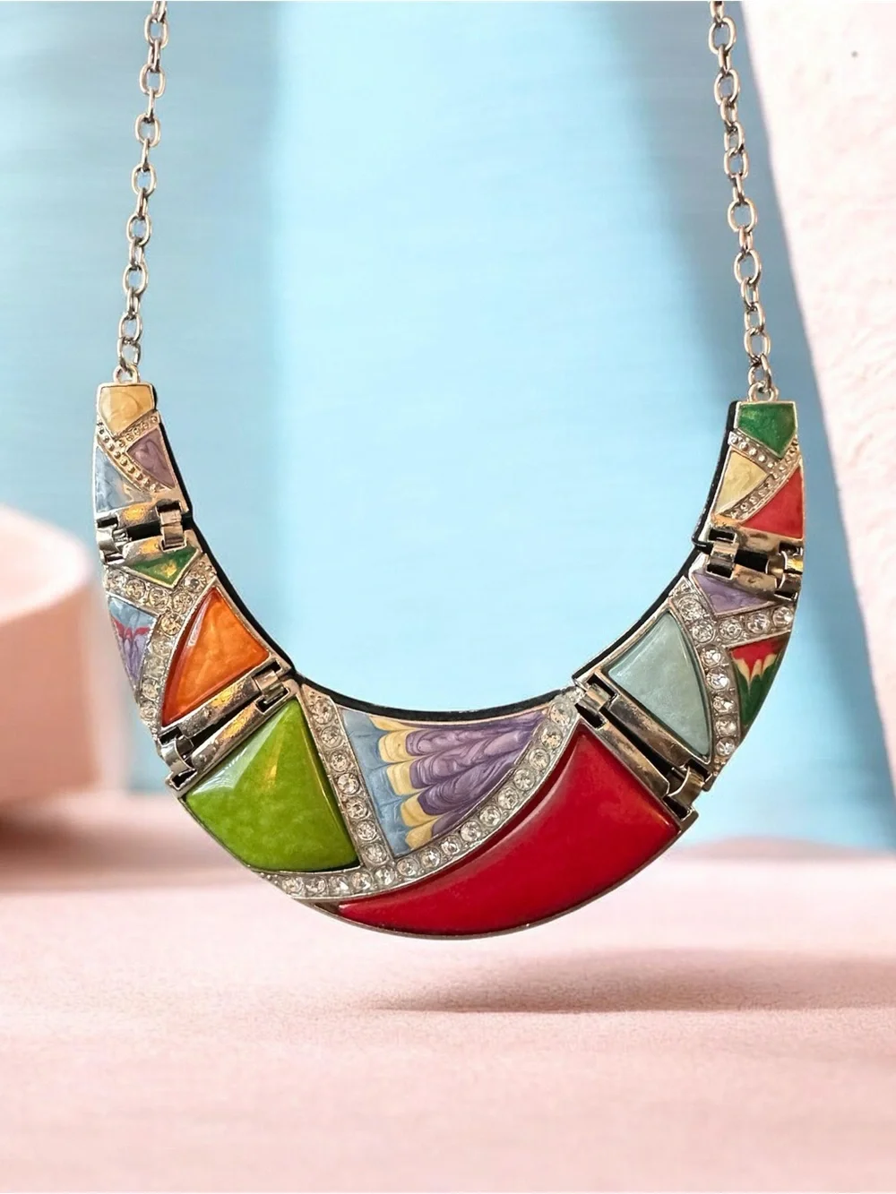 Vintage 80s Multicolor Enamel Statement Necklace - Women Jewelry